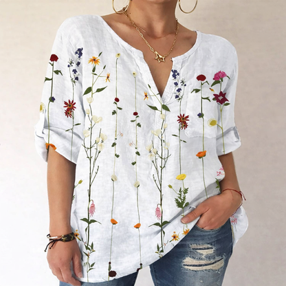 Printed V-Neck Cotton Blouse by Elizabeth Ainsley