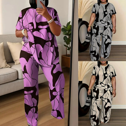Plus Size Abstract Print Comfy Two-Piece Lounge Set by Elizabeth