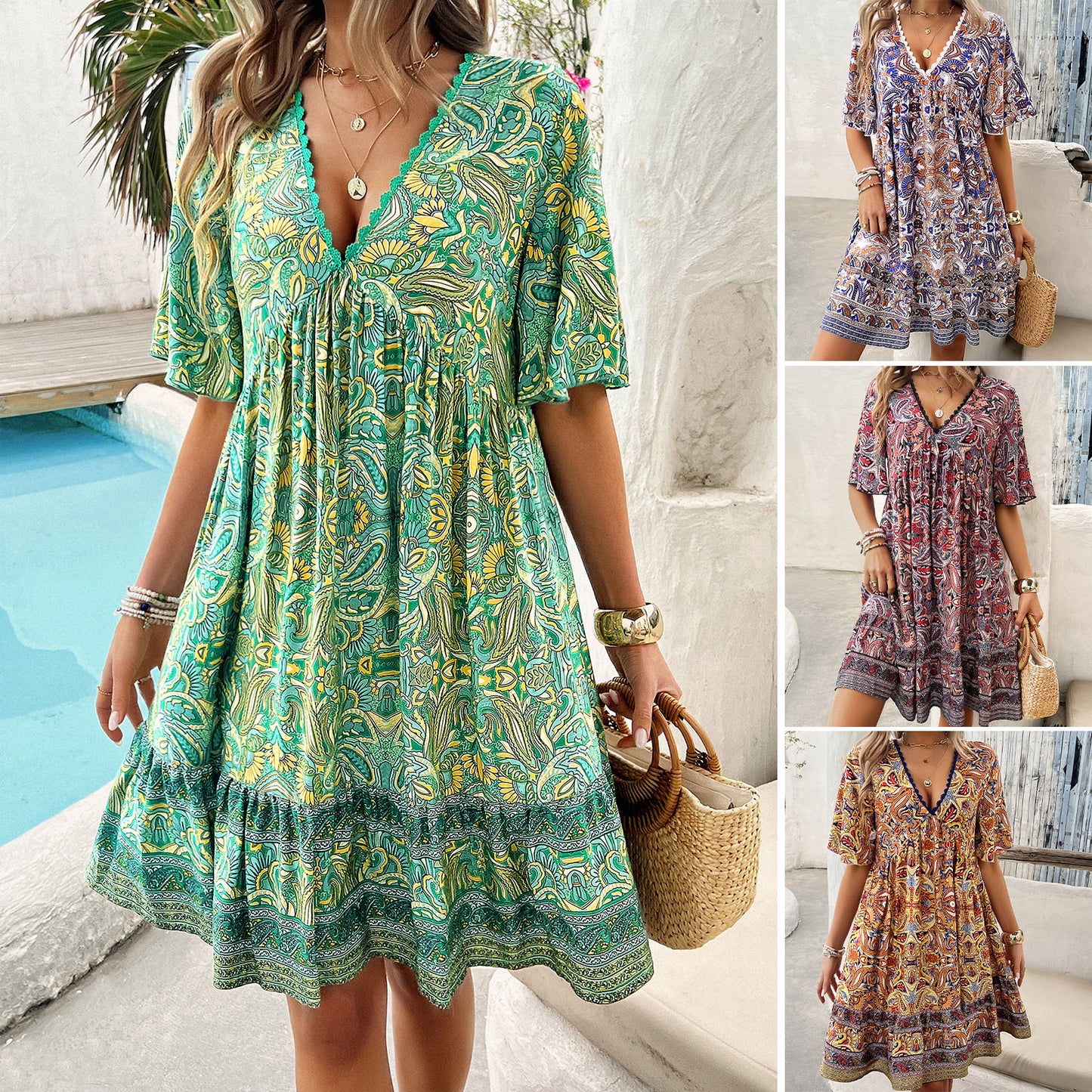 Boho Printed V-Neck Dress by Elizabeth Ainsley