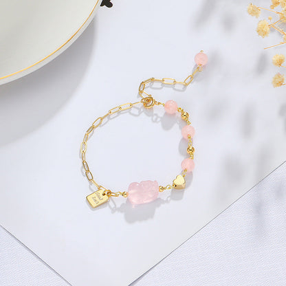 Asymmetrical Chain Bracelet with Natural Stone and Heart Detail