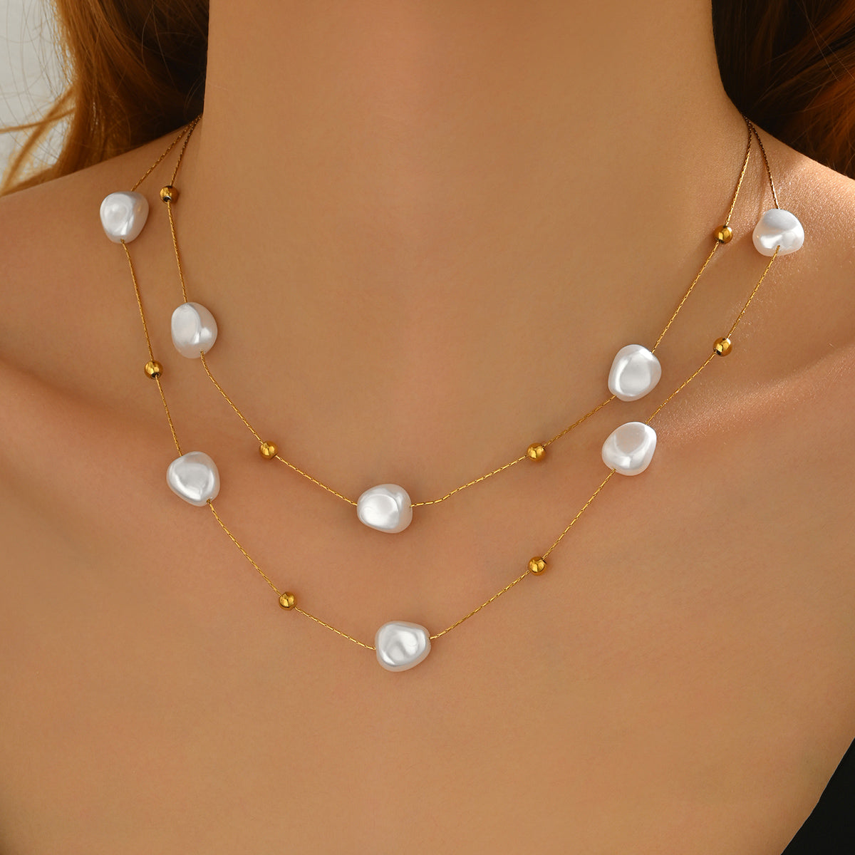 Layered Pearl Necklace with Fine Gold Bead Accents