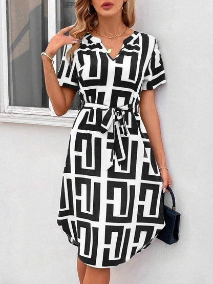 Chic Striped Elizabeth Ainsley V-Neck Midi Dress