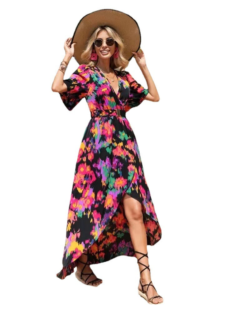 Vibrant Asymmetric V-Neck Dress by Elizabeth Ainsley