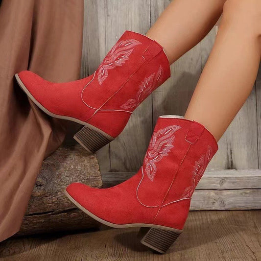 Elizabeth Ainsley Embroidered Western Boots - Chunky Heel