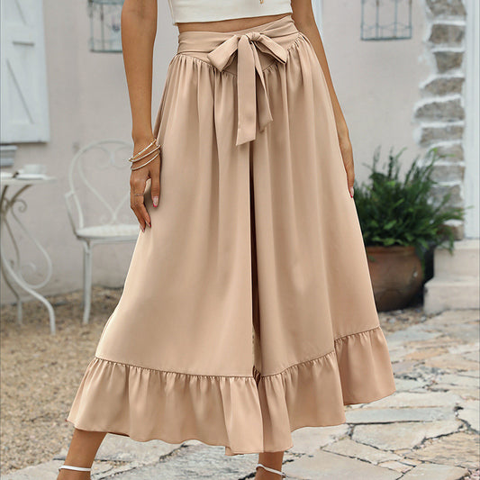 Elegant Ruffle Khaki Skirt Pants by Elizabeth Ainsley