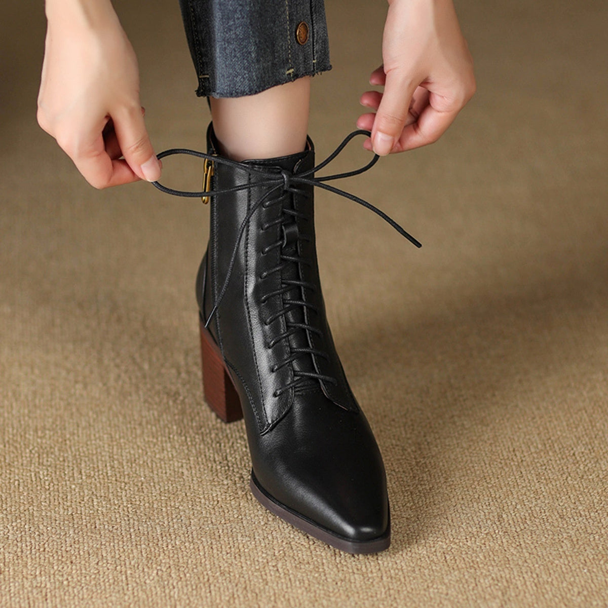 Elizabeth Ainsley Ankle Boots - Thick Heel Lace-Up Comfort