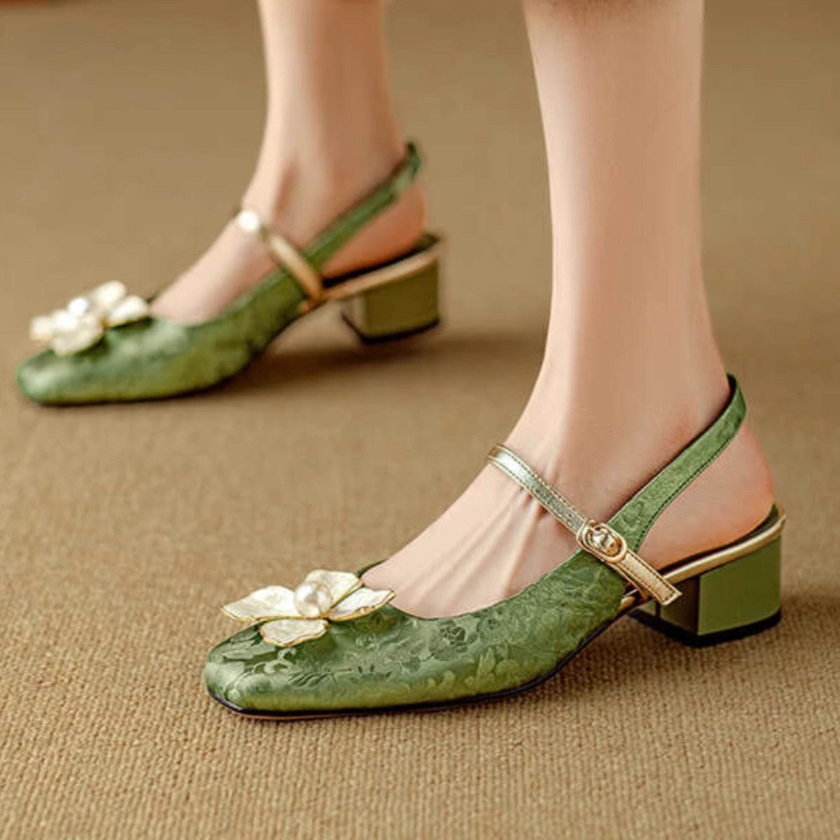 Vintage Floral Elizabeth Ainsley Square Toe Heels