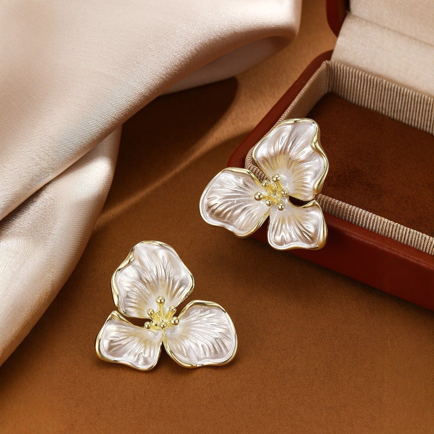 Elegant Flower Stud Earrings – Gold-Trimmed Floral Statement Jewelry