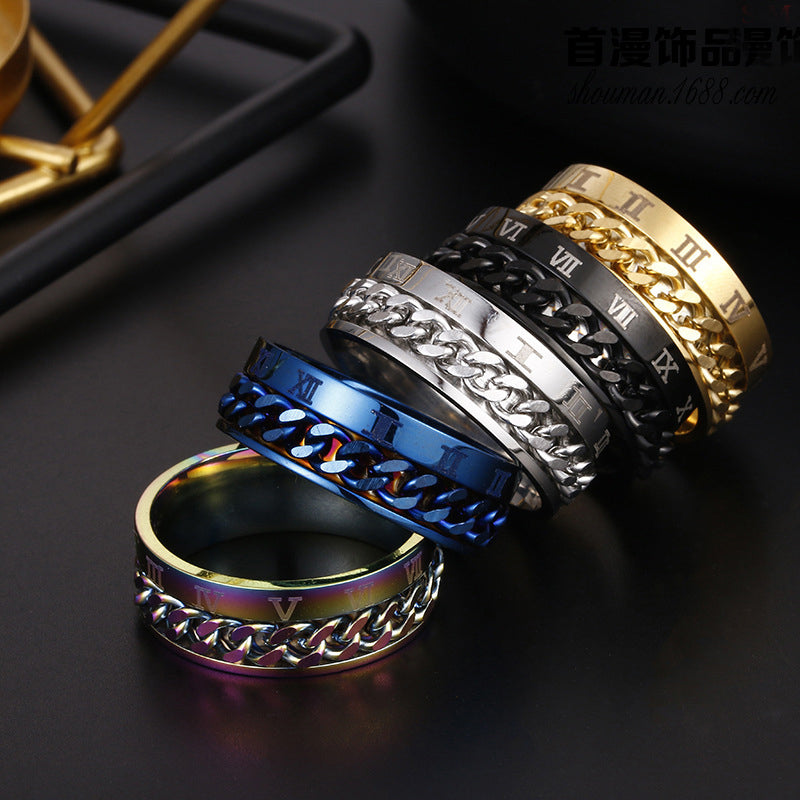 Stainless Steel Chain Spinner Ring – Roman Numeral Band