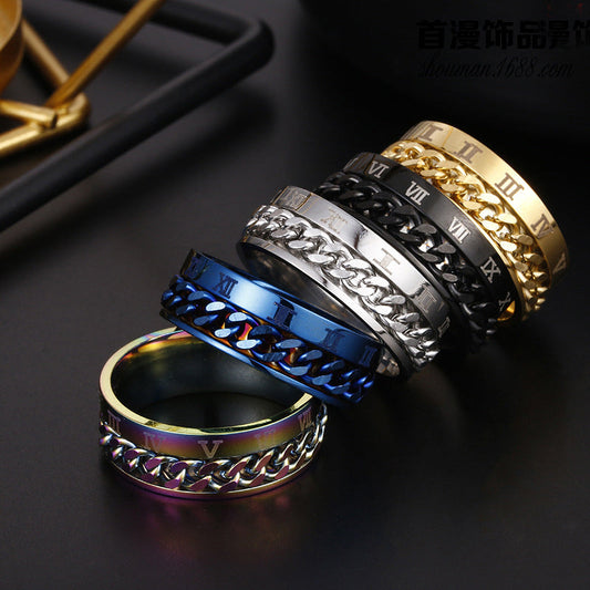 Stainless Steel Chain Spinner Ring – Roman Numeral Band