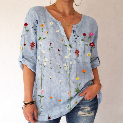 Printed V-Neck Cotton Blouse by Elizabeth Ainsley