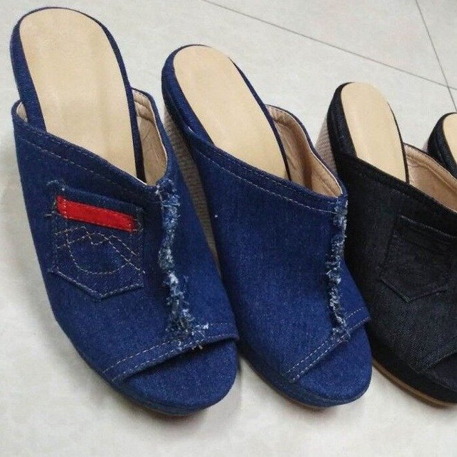 Chic Denim Wedge Sandals by Elizabeth Ainsley