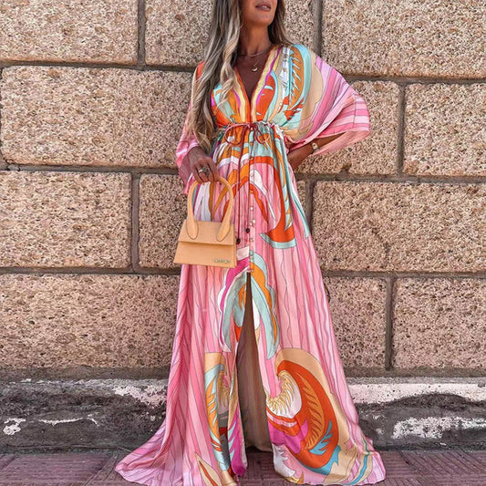 Vibrant V-Neck Lace-Up Maxi Dress by Elizabeth Ainsley