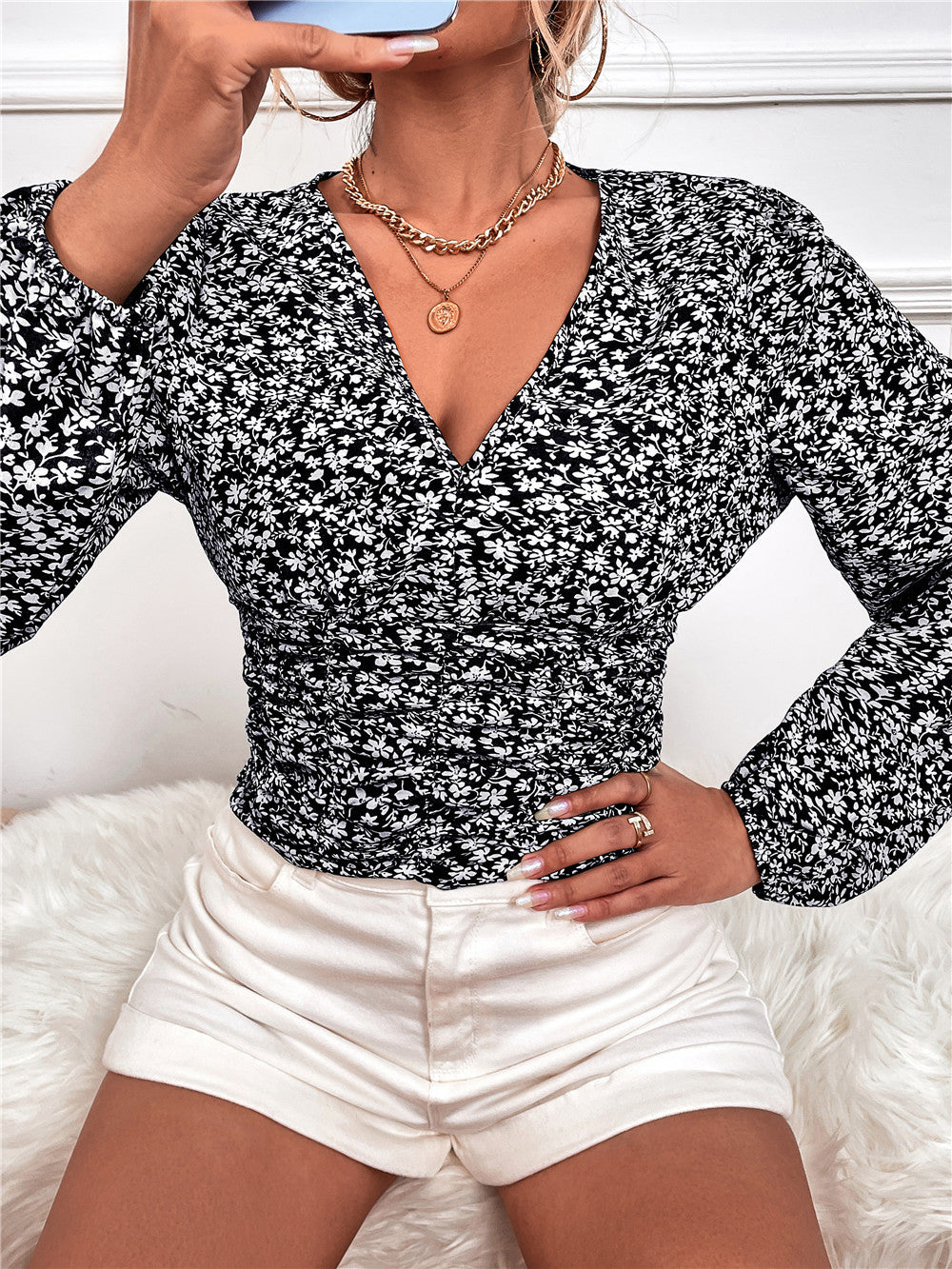 Chic Floral Long Sleeve V-Neck Top by Elizabeth Ainsley