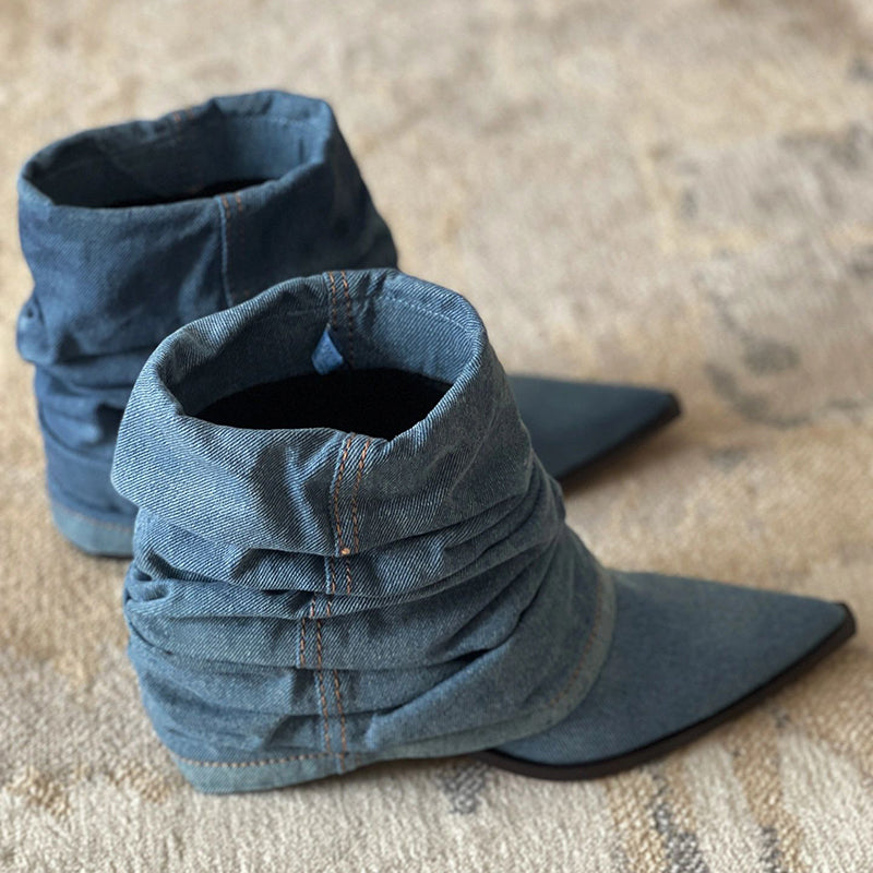 Elizabeth Ainsley Pleated Denim Boots - Thick Sole Comfort
