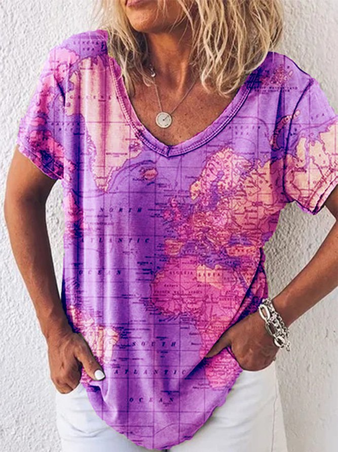 Map Print Elizabeth Ainsley V-Neck Everyday Top