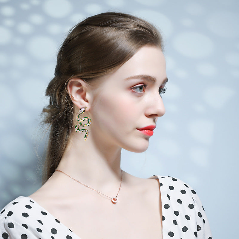 Green Rhinestone Snake Earrings