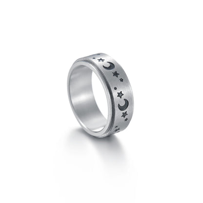 Celestial Engraved Band Ring – Moon, Star & Minimal Pattern Set