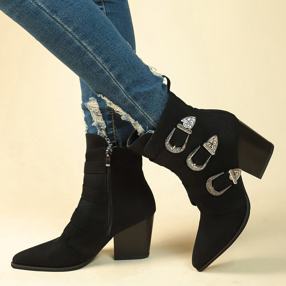 Elizabeth Ainsley Retro Buckle Boots - Chunky Heel Comfort