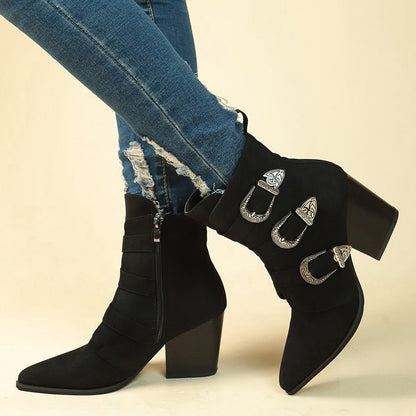Elizabeth Ainsley Retro Buckle Boots - Chunky Heel Comfort