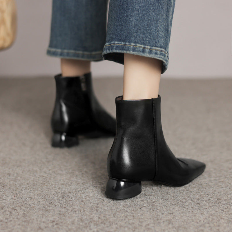 Elizabeth Ainsley Cowhide Boots - Square Toe, Side Zipper