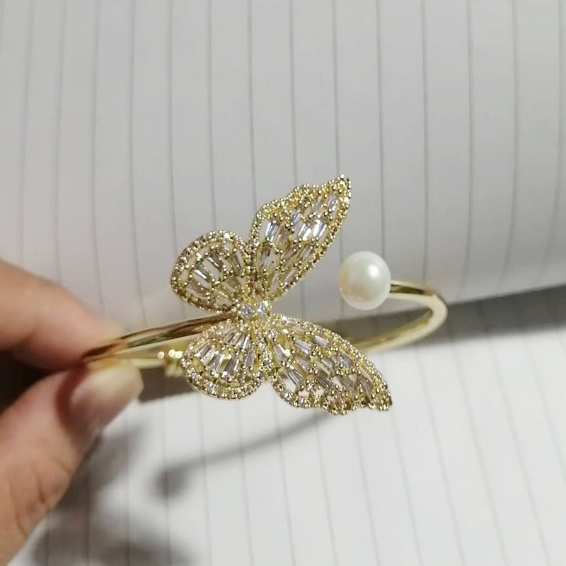 Butterfly Motif Open Cuff Bracelet with Delicate Crystal Detail
