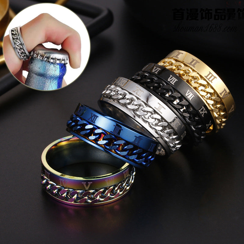 Stainless Steel Chain Spinner Ring – Roman Numeral Band