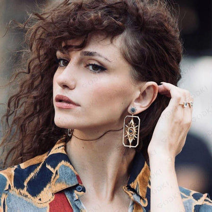 Blue Sunburst Eye Geometric Drop Earrings