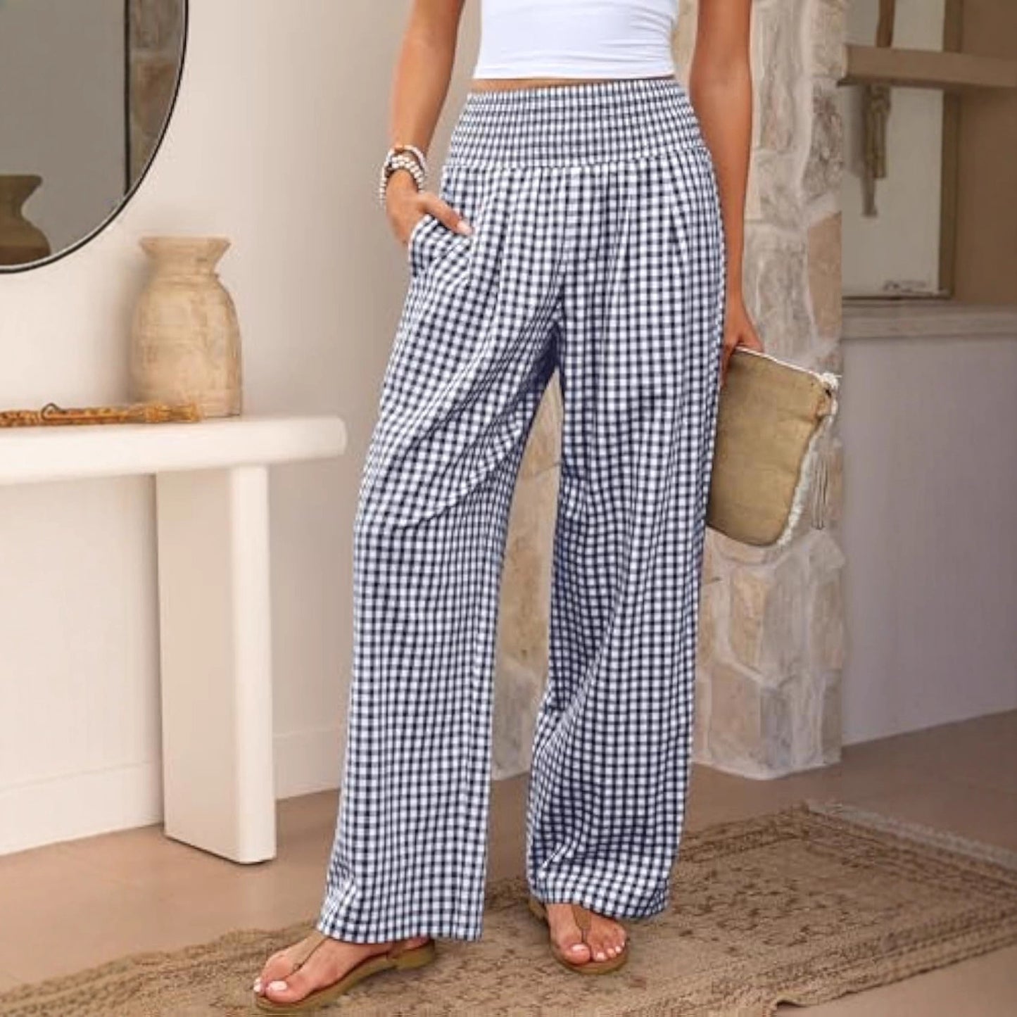 Plaid Casual Trousers Loose-fit Womens Fashion Wide-leg Pants With Pockets