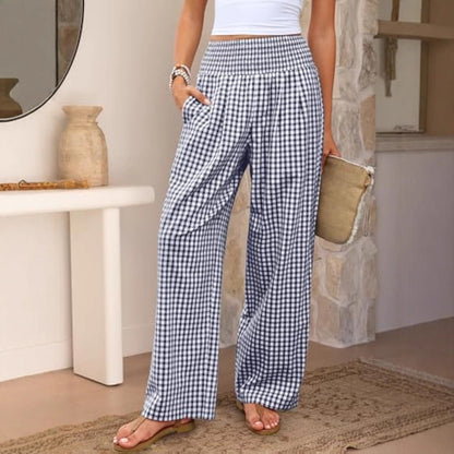 Plaid Casual Trousers Loose-fit Womens Fashion Wide-leg Pants With Pockets