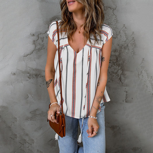 Striped V-Neck Chiffon Blouse by Elizabeth Ainsley