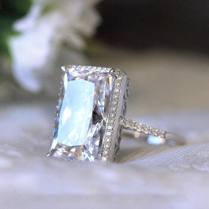Radiant Emerald-Cut Halo Solitaire Ring in Sterling Silver
