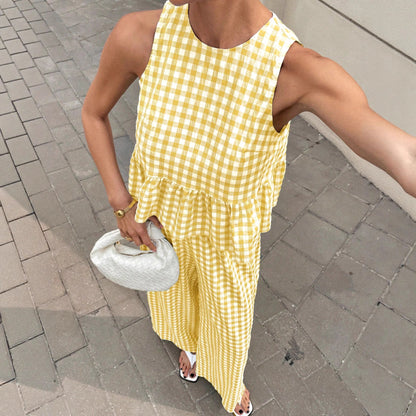 Womens Casual Crew-neck Sleeveless Top With Ruffled Hem And Straight-leg Pants