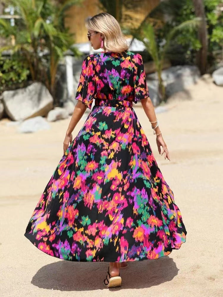 Vibrant Asymmetric V-Neck Dress by Elizabeth Ainsley