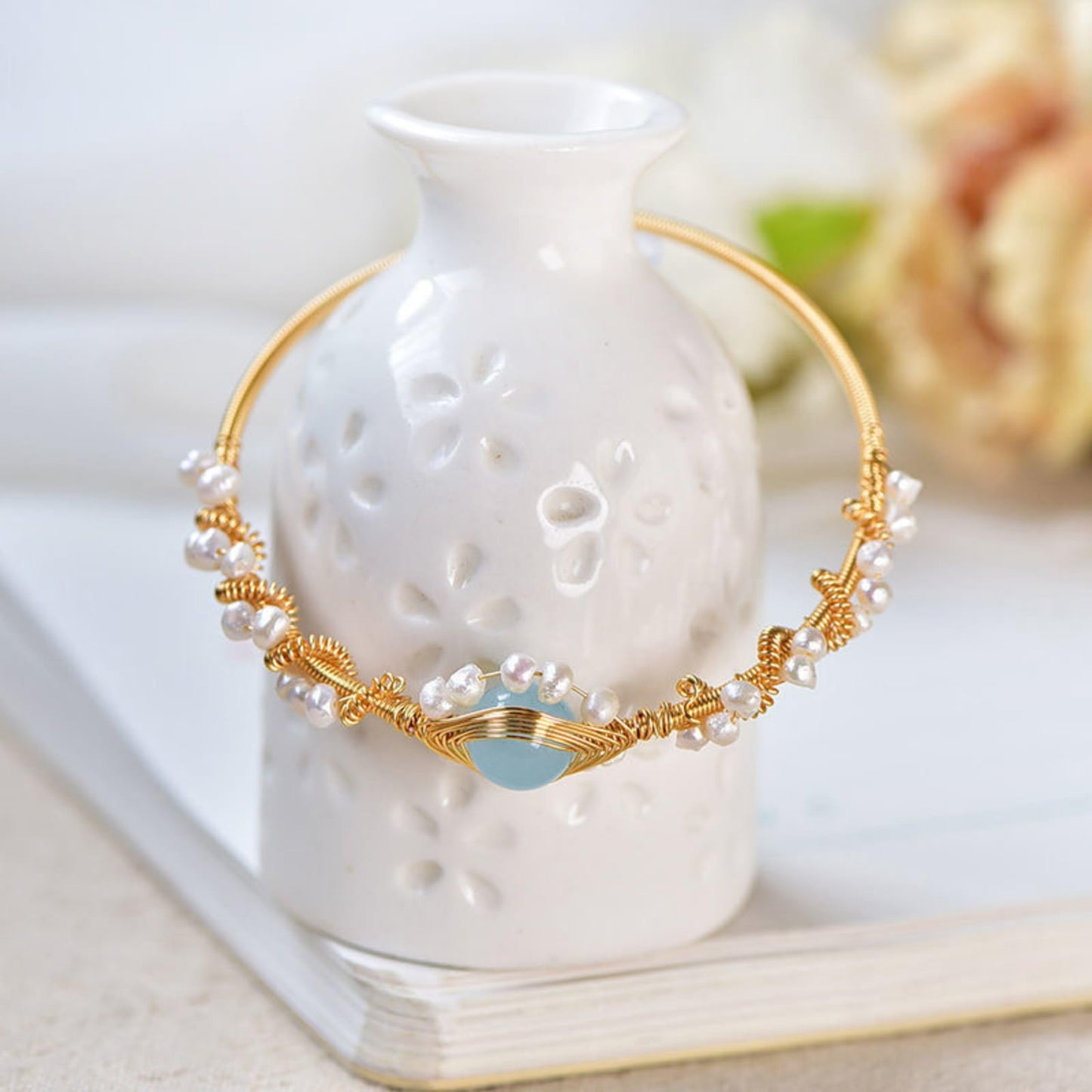 Elegant Pearl Cuff Bracelet with Center Gemstone Detail