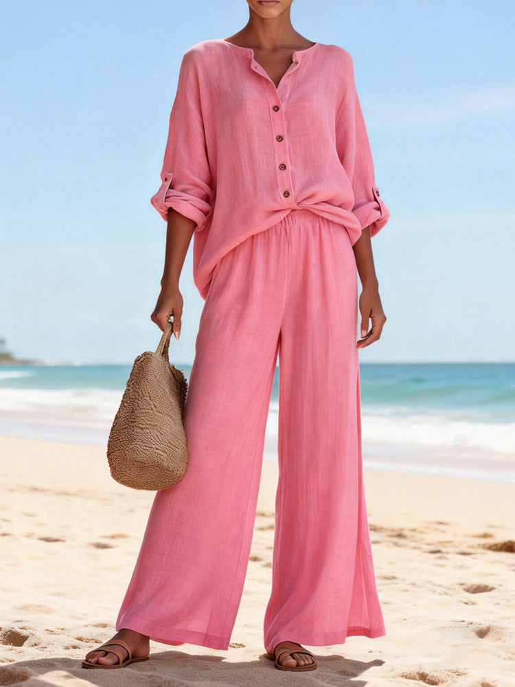 Womens Casual V Neck Long Sleeve Shirt And Pants Set In Cotton Available In Multiple Colors