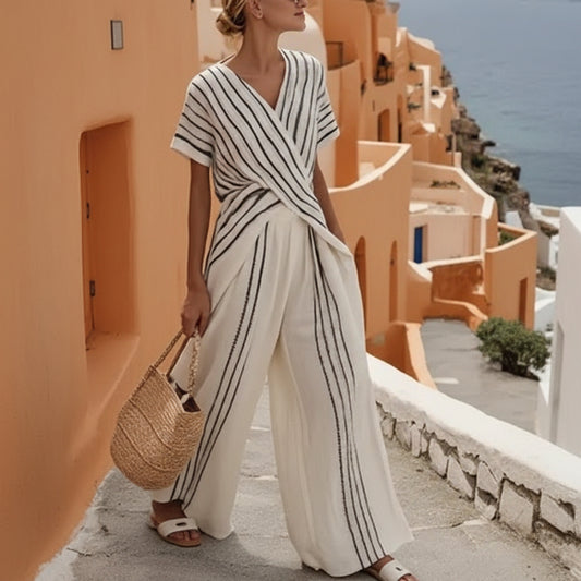 Womens Crew-neck Striped Short-sleeve Top And Straight-leg Wide-leg Pants Two-piece Set