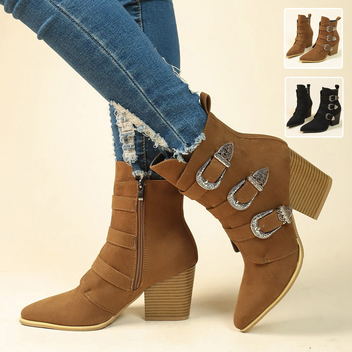 Elizabeth Ainsley Retro Buckle Boots - Chunky Heel Comfort