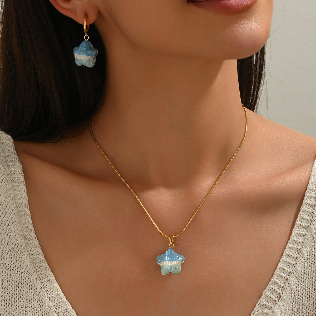 Star Pendant Necklace & Matching Hoop Earrings Set