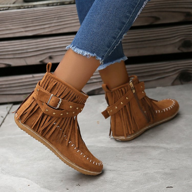 Elizabeth Ainsley Retro Flat Boots - Buckle Fringe Style