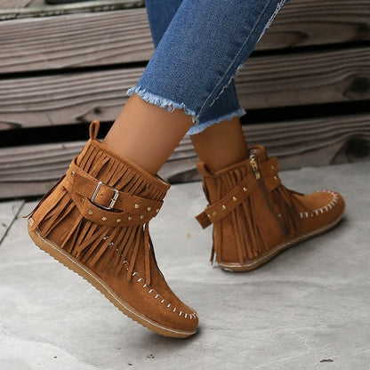 Elizabeth Ainsley Retro Flat Boots - Buckle Fringe Style