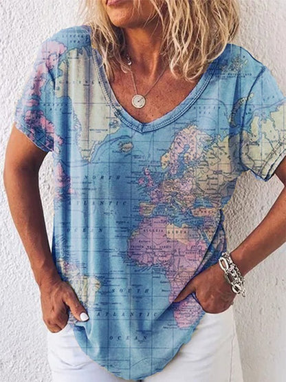 Map Print Elizabeth Ainsley V-Neck Everyday Top