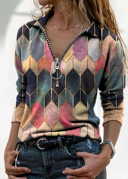 Colorful Zip V-Neck Top Elizabeth Ainsley Perfect-Fit
