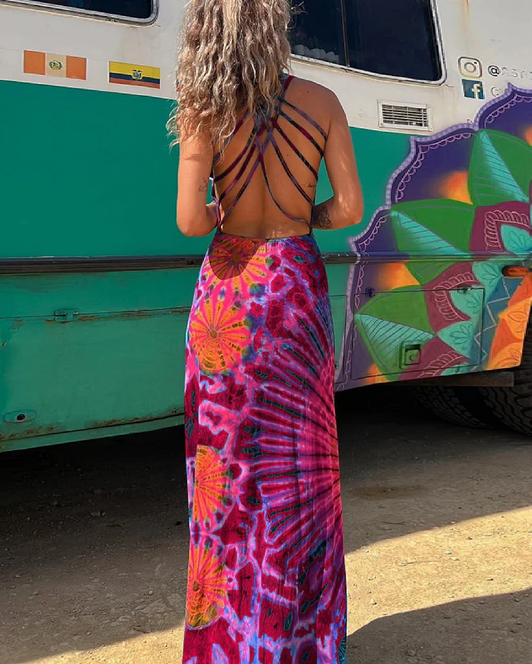 Vibrant Geometric Elizabeth Ainsley Backless Maxi Dress