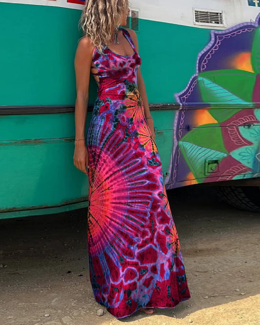 Vibrant Geometric Elizabeth Ainsley Backless Maxi Dress
