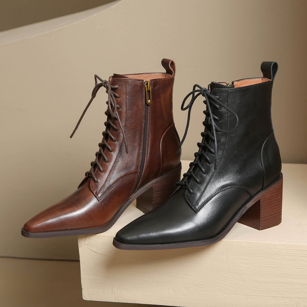 Elizabeth Ainsley Ankle Boots - Thick Heel Lace-Up Comfort