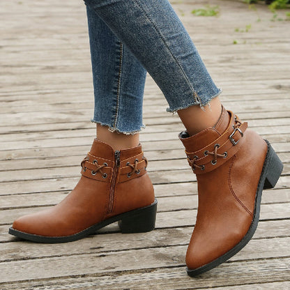 Elizabeth Ainsley Leather Ankle Boots - Thick Heel Zip