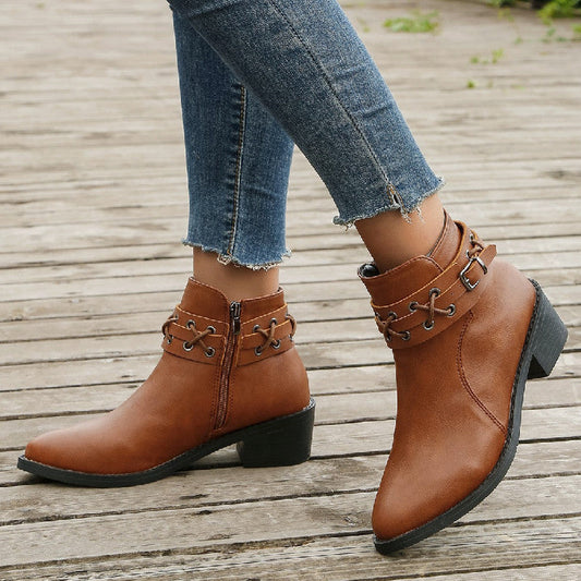 Elizabeth Ainsley Leather Ankle Boots - Thick Heel Zip