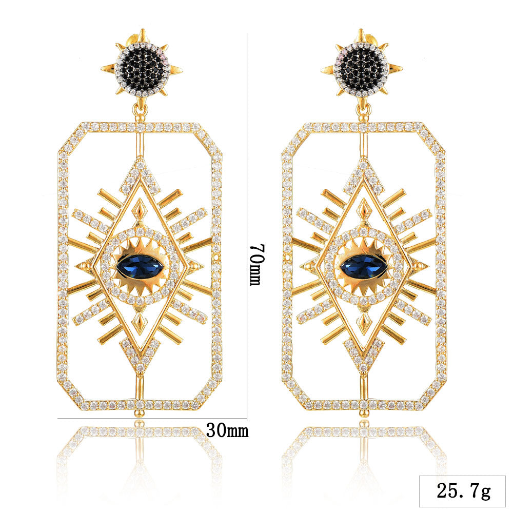 Blue Sunburst Eye Geometric Drop Earrings