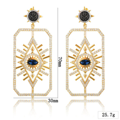 Blue Sunburst Eye Geometric Drop Earrings